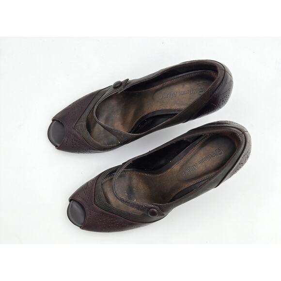 Etienne Aigner Wmn 7.5 Bossy Dark Brown Leather Peep Toe Mary Jane Pump Heels - Picture 2 of 9